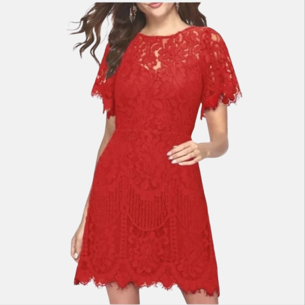 MSLG Missy Red Lace Dress Shirt Sleeves V Back Sz. XL